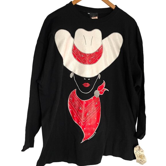 Vintage Deadstock 80s Moon Dance T Shirt One Size Black Western Cowgirl Sparkly - Picture 1 of 6